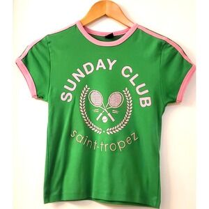 Urban Outfitters Sunday Club Saint Tropez MED Baby Tee Kelly Green/Pink T-Shirt